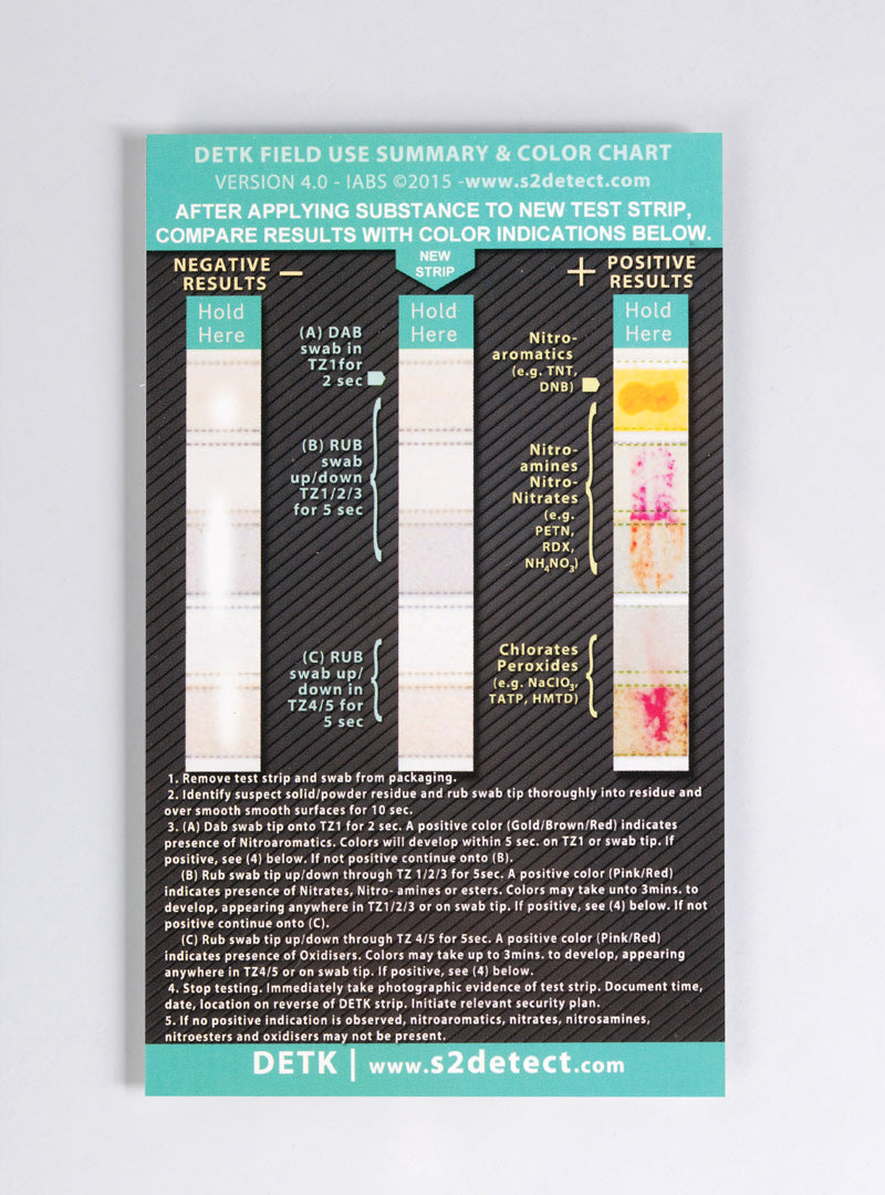 swabtek dry explosives detection test kit reference card